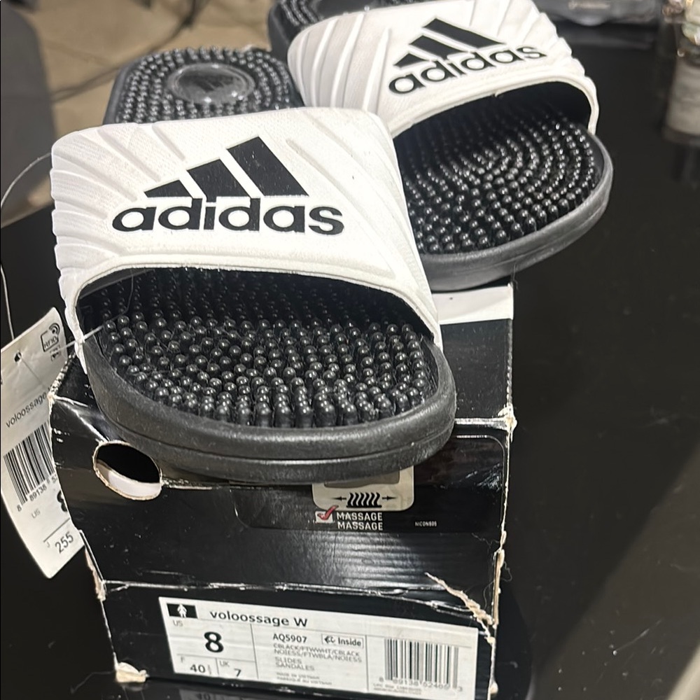 Adidas Kids White and Black Slides